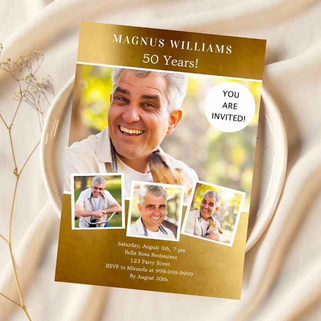 Gold photo collage luxury birthday invitation (Creator Uploaded)