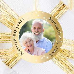 Gold photo diamonds 50th wedding anniversary classic round sticker