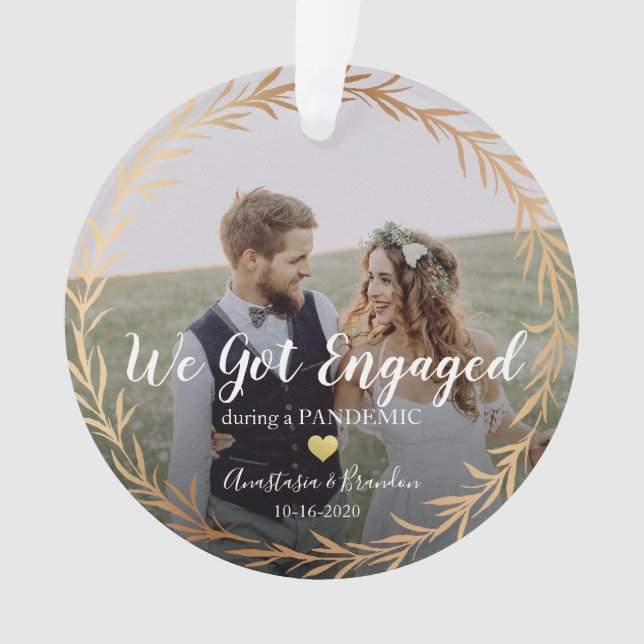 Gold Photo Engaged During Pandemic Christmas Ornament (Front)