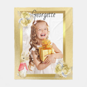 Gold Photo Fleece Blanket for Girl with Rabbit