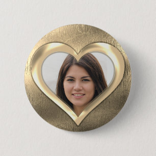 Gold Photo Frame Heart 6 Cm Round Badge