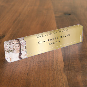 Gold photo monogram modern employee nameplate