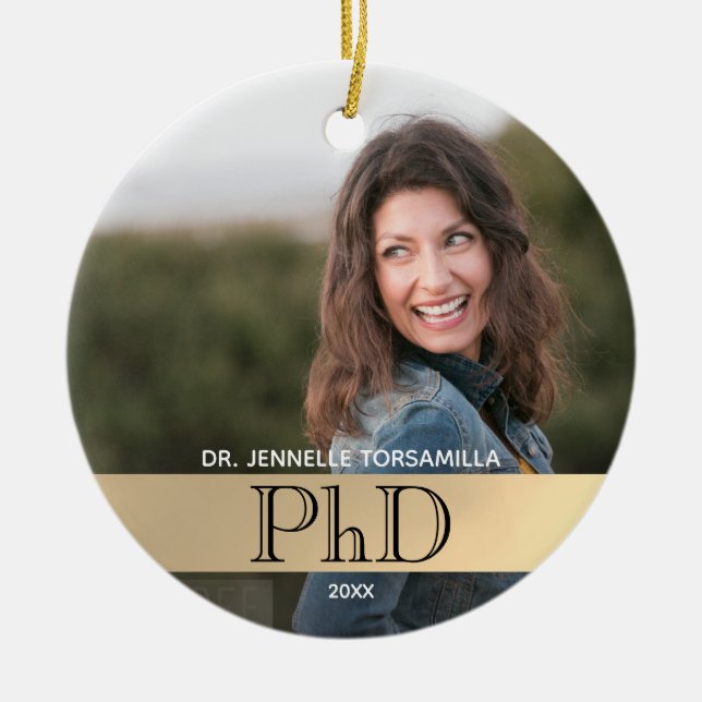 Gold Photo PhD Graduation Ceramic Tree Decoration (Front)