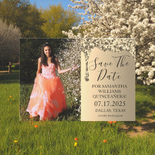 Gold Photo Sparkle Glitter Drips Quinceanera  Save The Date