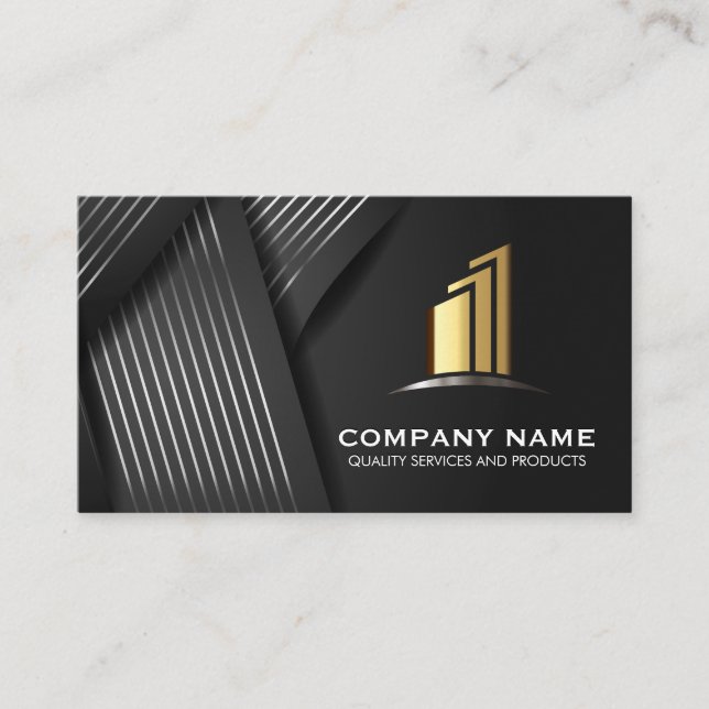 Gold Pillar Logo | Stripes Ribbon Background Business Card (Front)