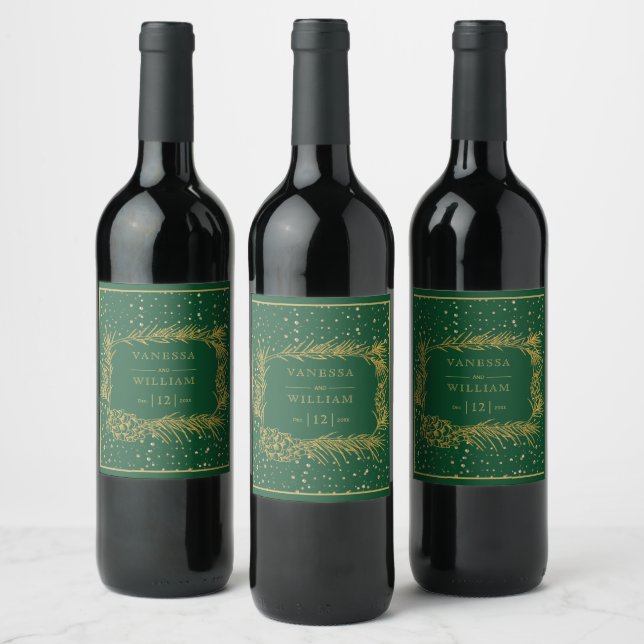 Gold pine, border emerald green Christmas wedding Wine Label (Bottles)