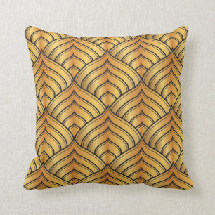 Gold Pine Comb and Black Ink Art Deco Pattern Cushion