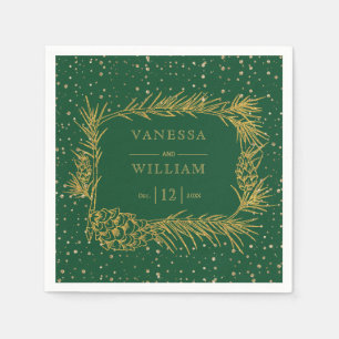 Gold pine, cones emerald green Christmas wedding Napkin