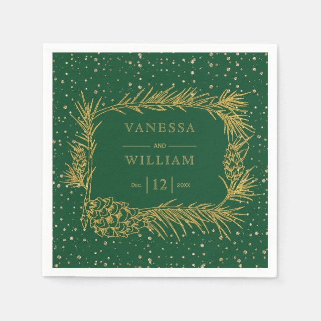 Gold pine, cones emerald green Christmas wedding Napkin (Front)