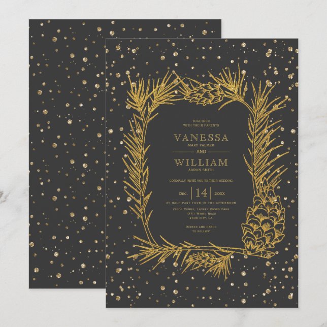 Gold pine, confetti charcoal grey winter wedding invitation (Front/Back)