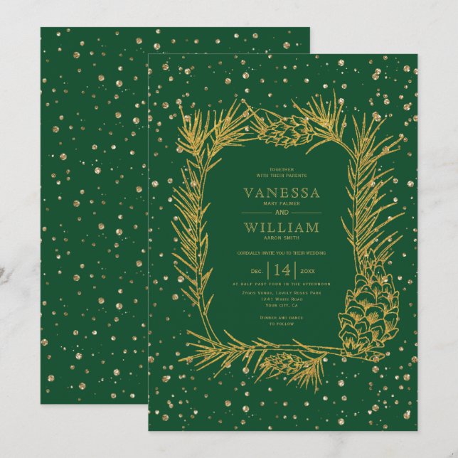 Gold pine, confetti emerald green winter wedding invitation (Front/Back)