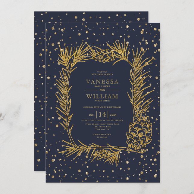 Gold pine, confetti midnight blue winter wedding invitation (Front/Back)