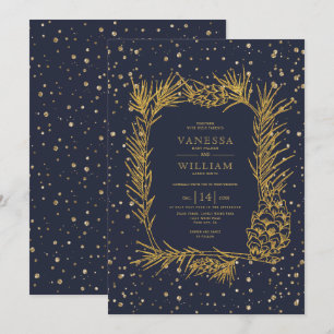Gold pine, confetti midnight blue winter wedding invitation