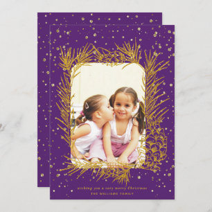 Gold pine frame,confetti purple Christmas photo Holiday Card