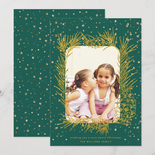 Gold pine frame, evergeen green Christmas photo Holiday Card (Front/Back)