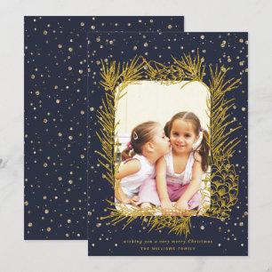 Gold pine frame, midnight blue Christmas photo Holiday Card