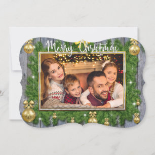 Gold Pine Frame on Planks Fancy Trim Photo Holiday Card