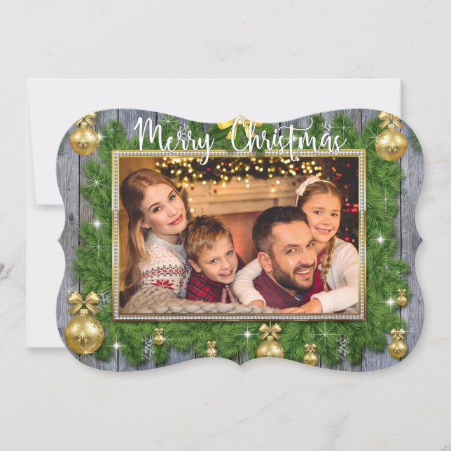 Gold Pine Frame on Planks Fancy Trim Photo Holiday Card (Front)