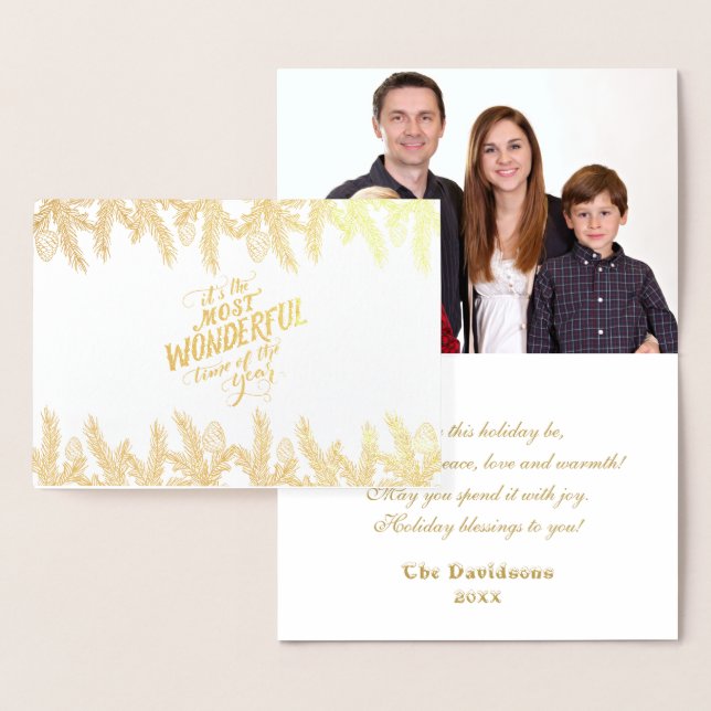 Gold Pine frame Winter Holiday Wishes Photo Foil Card (Display)
