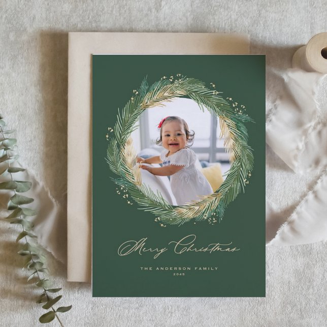 Gold Pine Needles Wreath Green Christmas Photo Holiday Card (Faux Gold Foil Pine Needles Wreath Merry Christmas Photo Holiday Card)
