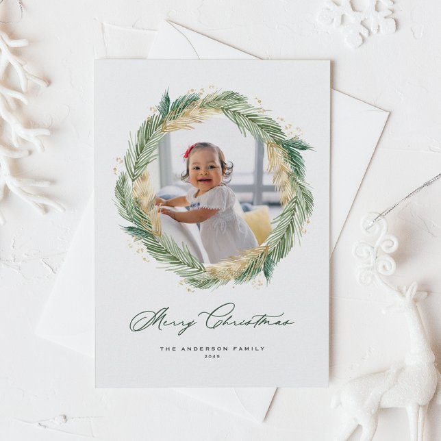 Gold Pine Needles Wreath Merry Christmas Photo Holiday Postcard (Faux Gold Foil Pine Needles Wreath Merry Christmas Photo Holiday Postcard)
