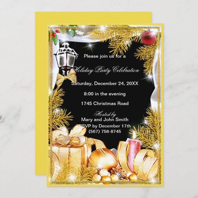 Gold Pine Ornaments Christmas Party Invitation (Front/Back)