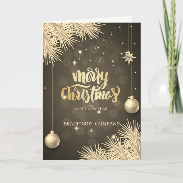 Gold Pine Tree Branches, Balls,Christmas Company Holiday Card (Front)