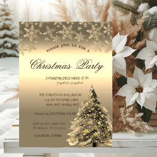 Gold Pine Tree,Dots Snowflakes Christmas Party Invitation