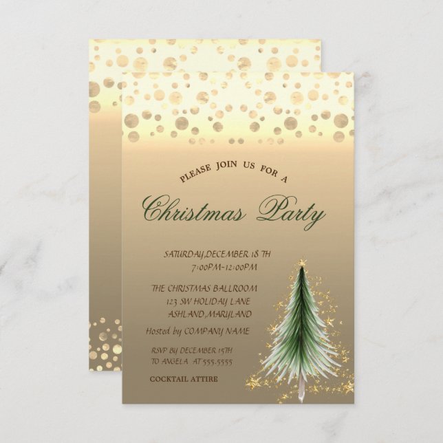 Gold Pine Tree,Dotted  Corporate Christmas Party  Invitation (Front/Back)