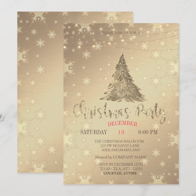  Gold Pine Tree, Gold Christmas Party Invitation (Front/Back)