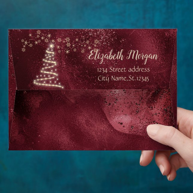  Gold Pine Tree Snowflakes Dark Red Christmas Envelope (Hand)