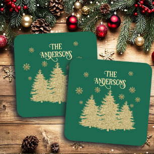 Gold Pine Trees Gold Snowflakes Coaster