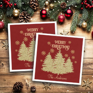 Gold Pine Trees Gold Snowflakes Napkin