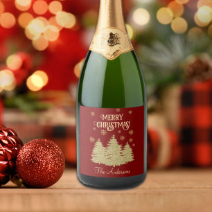 Gold Pine Trees Gold Snowflakes Sparkling Wine Label