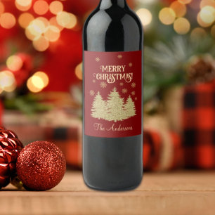 Gold Pine Trees Gold Snowflakes Wine Label