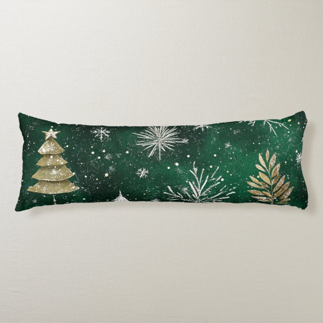 Gold Pine trees Silver Snowflakes Hunter Green Body Cushion (Front)