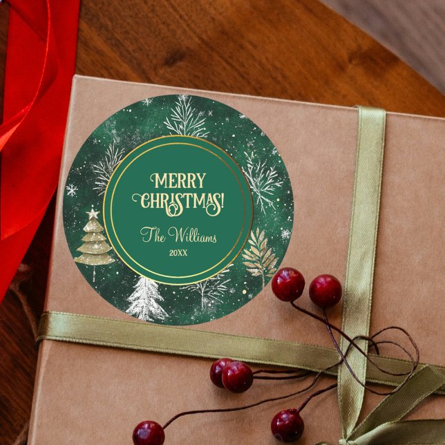 Gold Pine trees Silver Snowflakes Hunter Green Classic Round Sticker (Creator Uploaded)