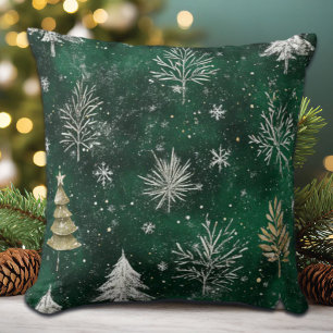 Gold Pine trees Silver Snowflakes Hunter Green Cushion