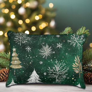 Gold Pine trees Silver Snowflakes Hunter Green Decorative Cushion
