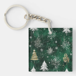 Gold Pine trees Silver Snowflakes Hunter Green Key Ring
