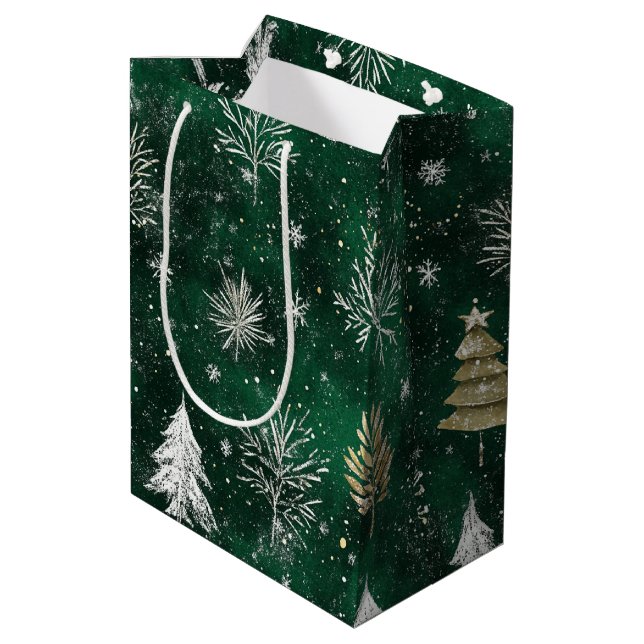 Gold Pine trees Silver Snowflakes Hunter Green Medium Gift Bag (Back Angled)