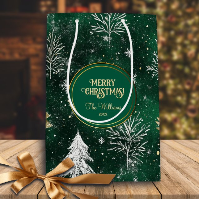Gold Pine trees Silver Snowflakes Hunter Green Medium Gift Bag (Creator Uploaded)