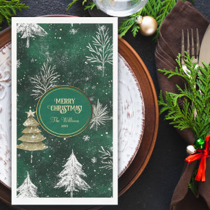 Gold Pine trees Silver Snowflakes Hunter Green Napkin