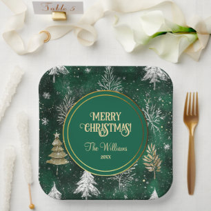Gold Pine trees Silver Snowflakes Hunter Green Paper Plate