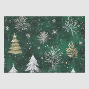 Gold Pine trees Silver Snowflakes Hunter Green Tissue Paper