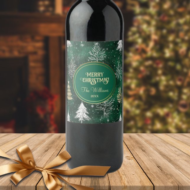 Gold Pine trees Silver Snowflakes Hunter Green Wine Label (Creator Uploaded)