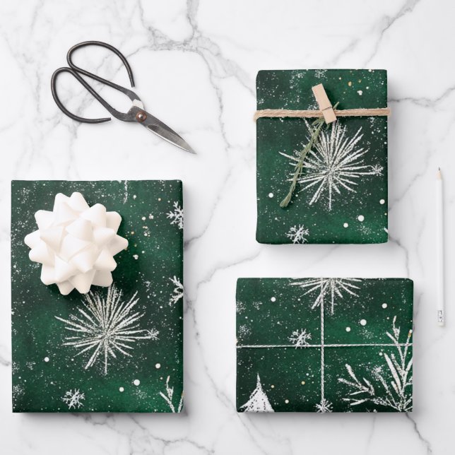 Gold Pine trees Silver Snowflakes Hunter Green Wrapping Paper Sheet (Front)
