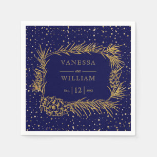 Gold pine with cones navy blue Christmas wedding Napkin