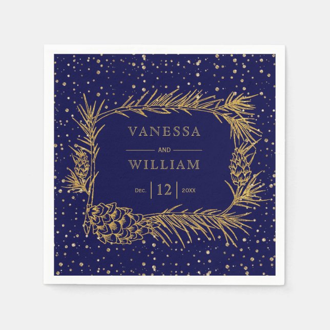 Gold pine with cones navy blue Christmas wedding Napkin (Front)