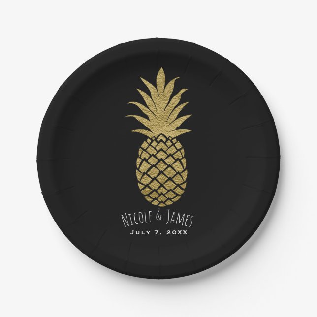 Gold Pineapple Black Modern Chic Tropical Party Paper Plate (Front)
